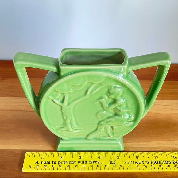 Green Art Deco Style Vase Rare Alamo Pottery MCM Greek God Pan & Grapevine - Picture 10 of 11